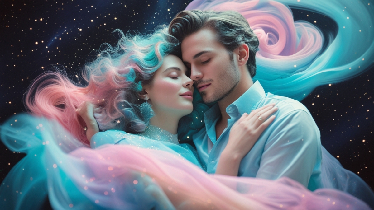 A pastel-haired woman and a man embrace peacefully while floating in space with swirling fabric around them.