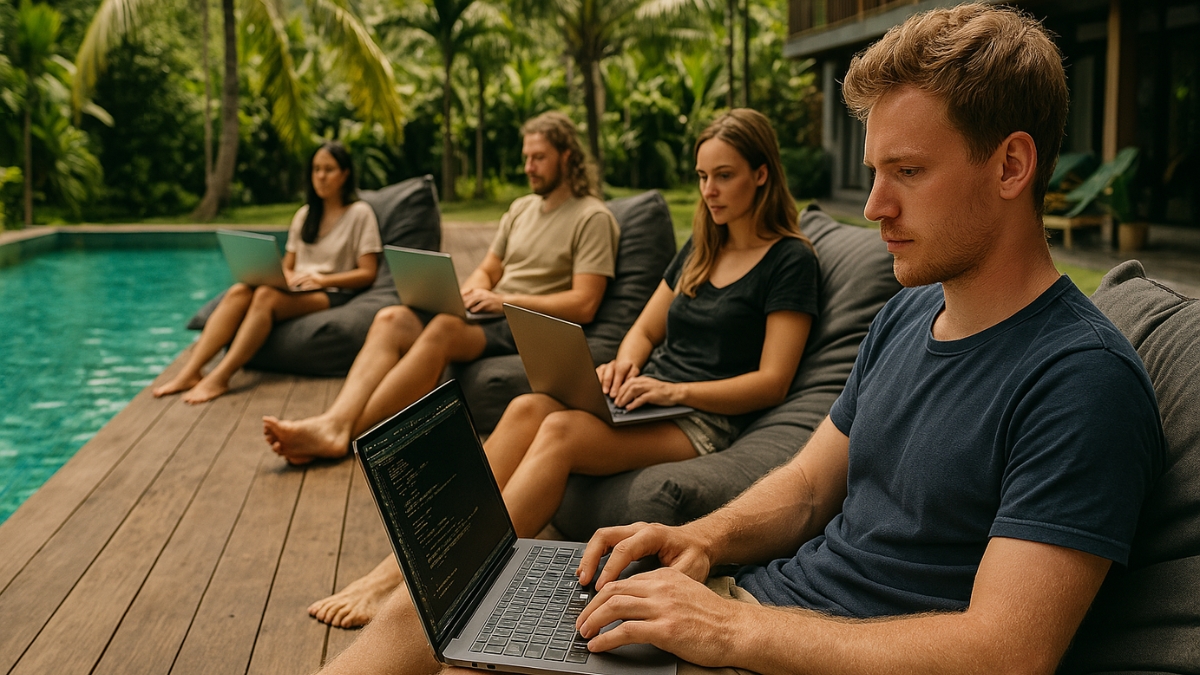 Remote Team Working by Poolside in Nature