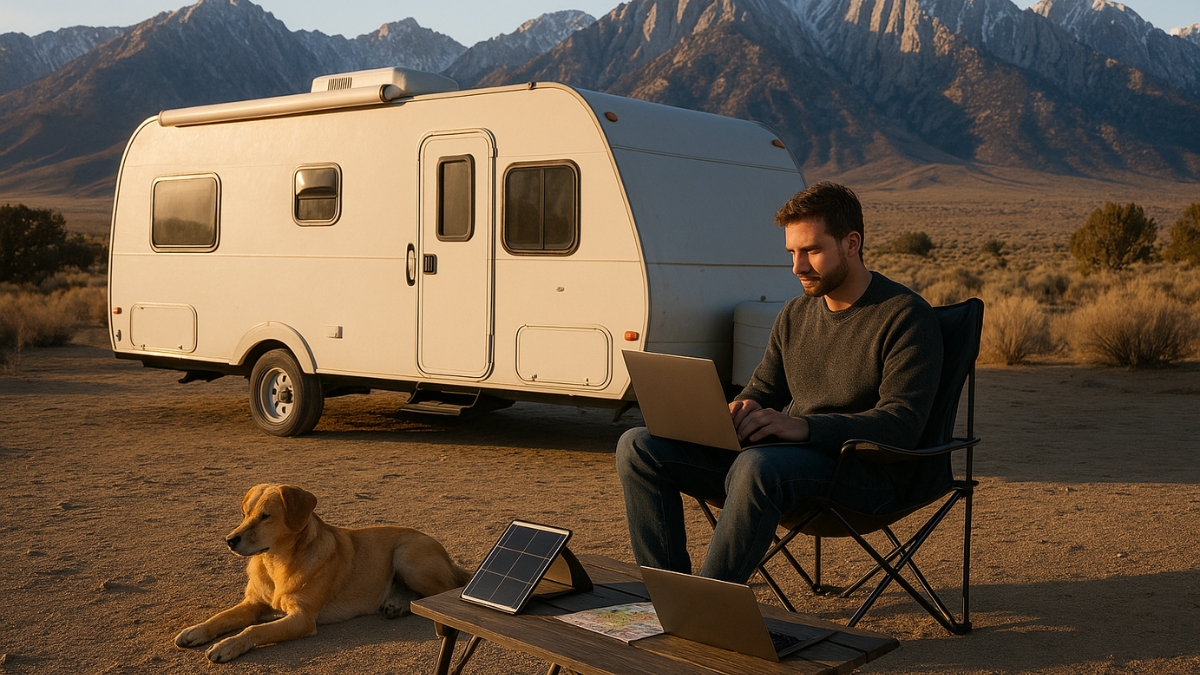 Remote Work by Camper in Mountain Landscape