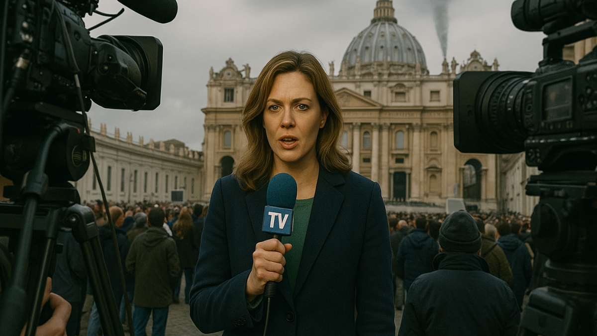 Egy női tévériporter áll a Szent Péter-bazilika előtt, miközben fekete füst száll fel a Vatikán kéményéből.