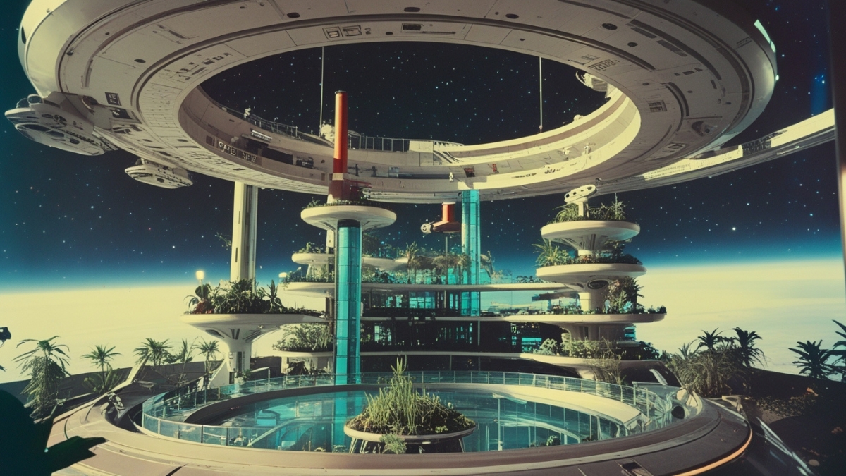 Futuristic space station with circular platforms, plants, and a view of stars and Earth's horizon.