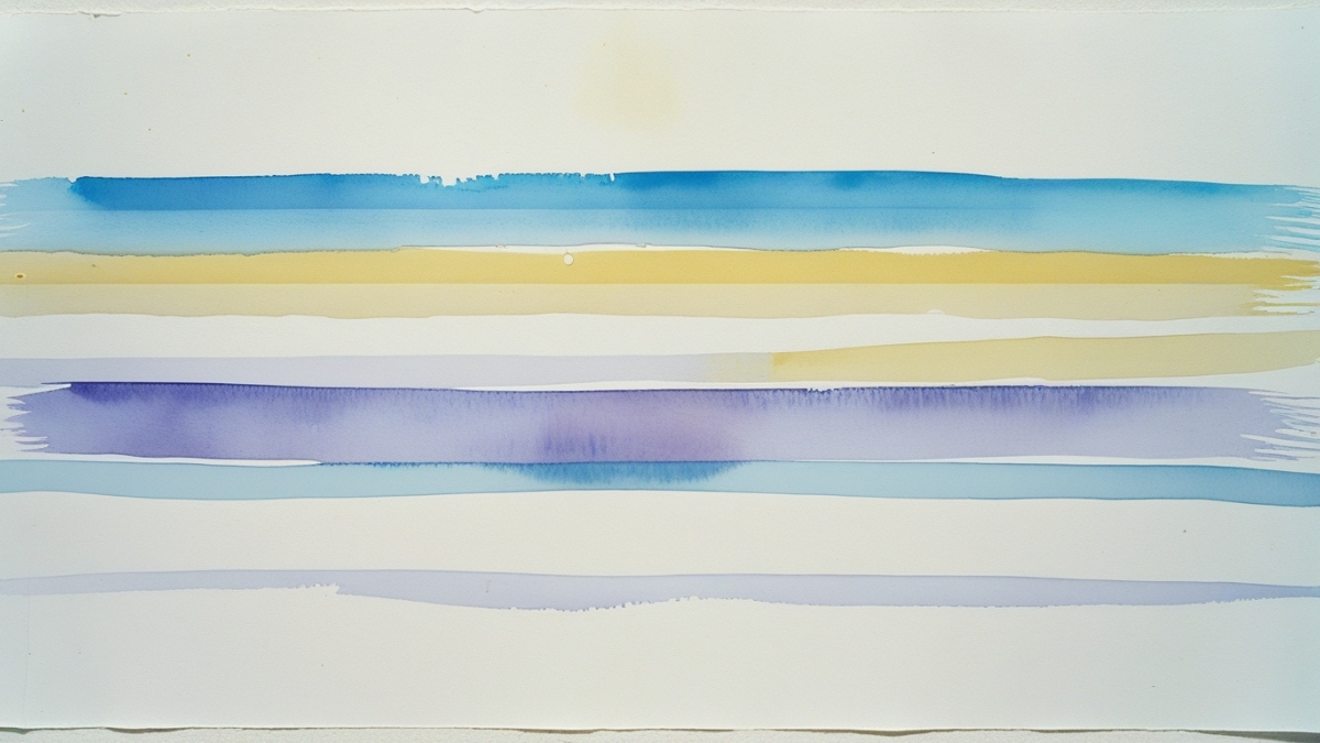 Horizontal watercolor stripes in soft blue, yellow, and purple tones on white paper.