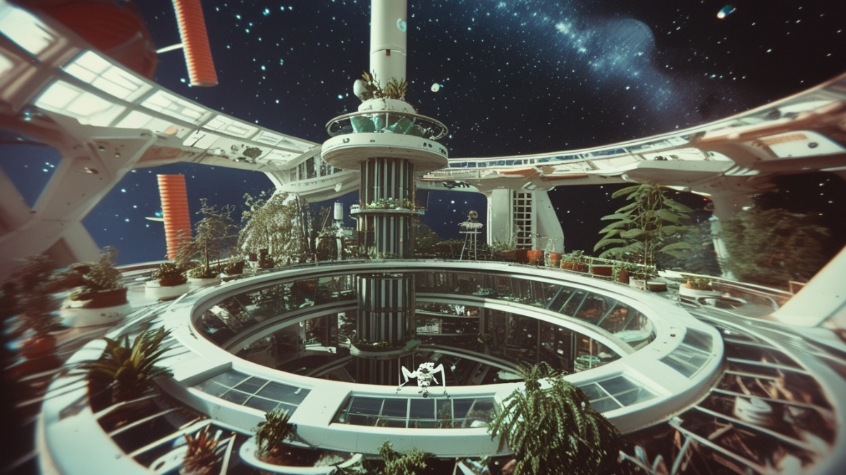 Circular space habitat with green plants, glass floors, and a clear view of stars and galaxies in deep space.