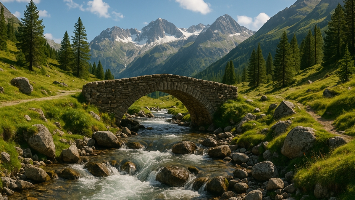 Stone Bridge in Alpine Valley Stream