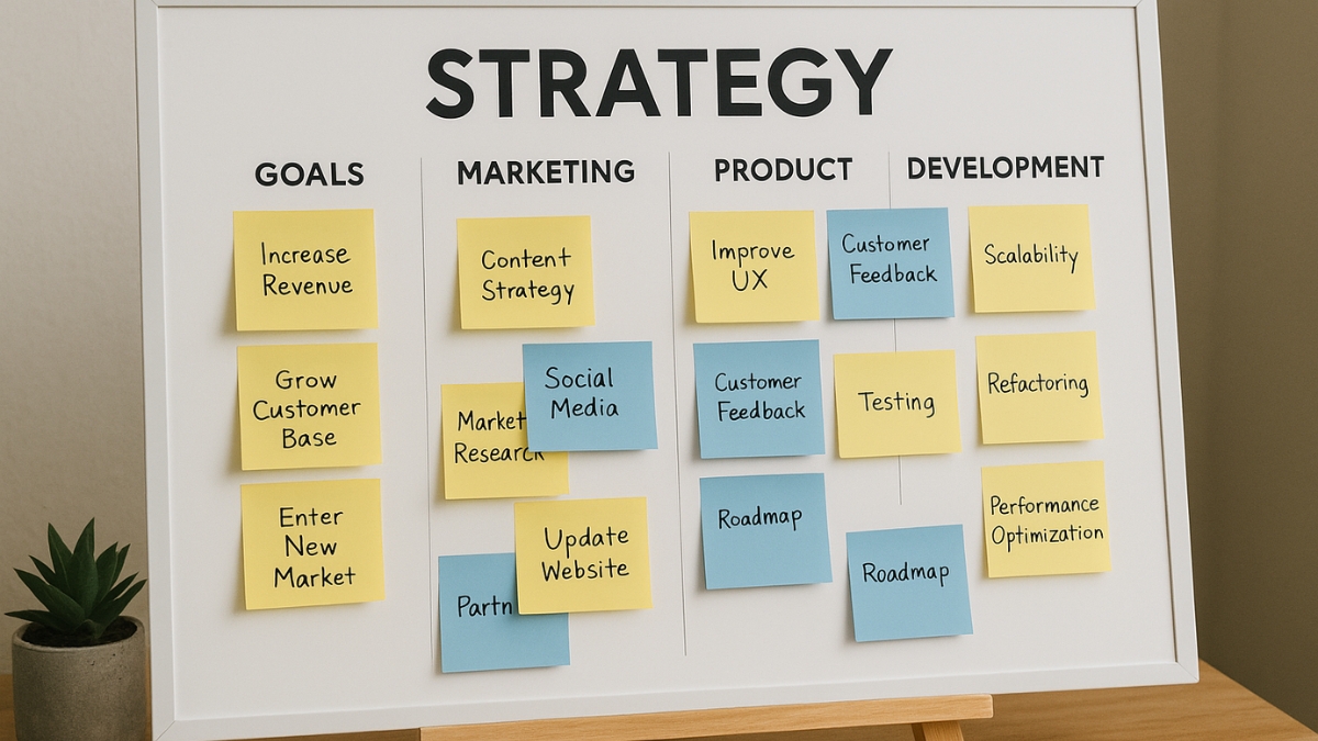 Whiteboard shows strategy plan with sticky notes under goals, marketing, product, and development categories.