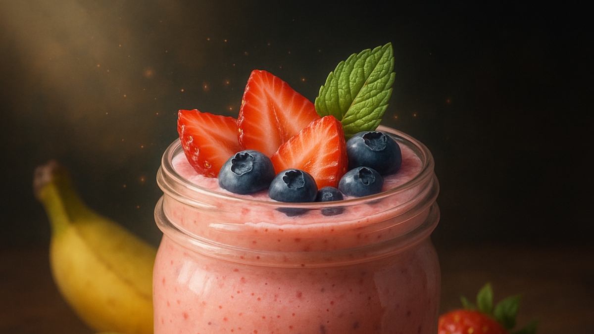Jahodovo-banánové smoothie v sklenenej nádobe