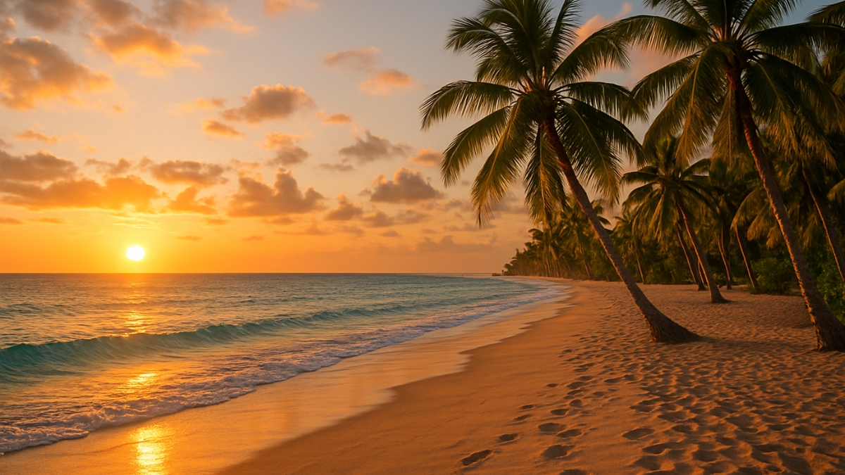 Golden sunset over the ocean with palm trees lining a sandy beach and gentle waves reaching the shore.