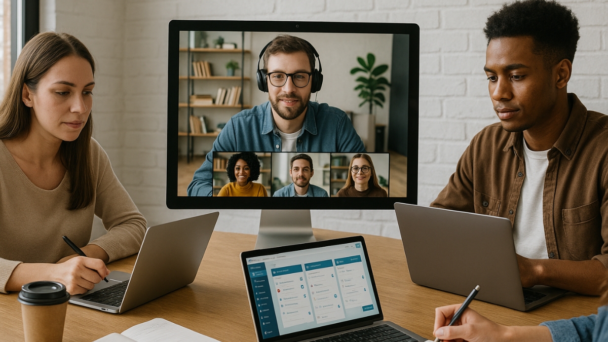 Team in Hybrid Meeting with Video Conference Screen