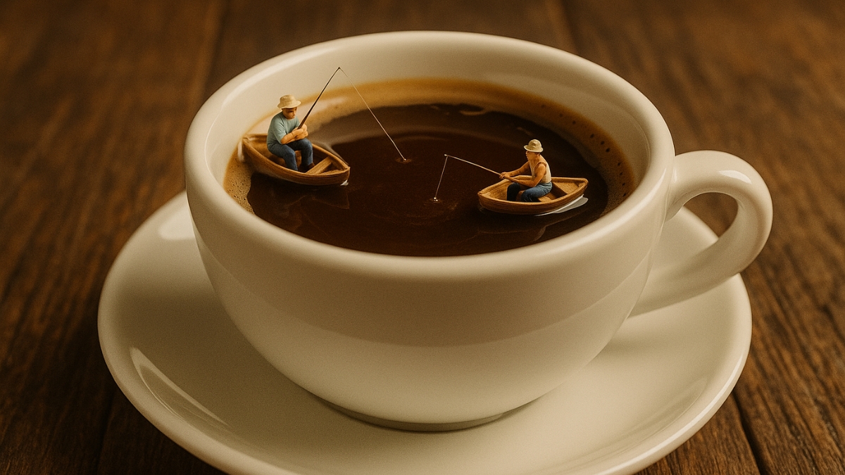 Dos hombres en miniatura pescan desde botes de remos que flotan en la superficie de una taza de café llena.