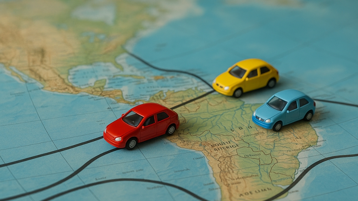 Red, yellow, and blue toy cars follow black routes on a map of the Americas.