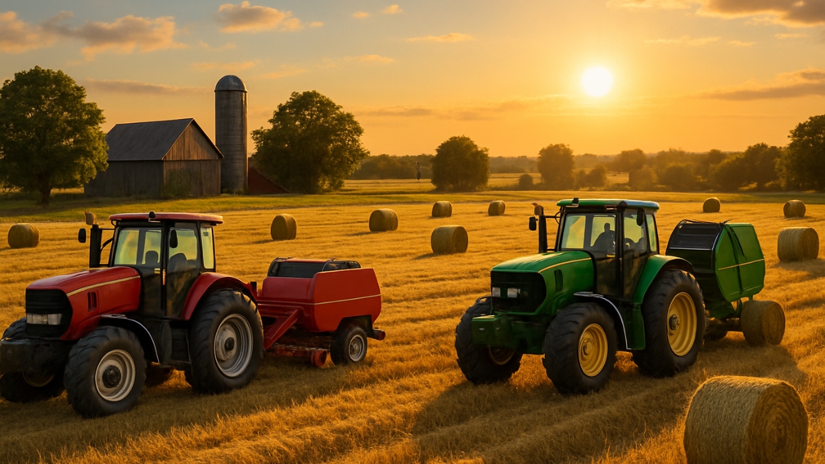 Red and green tractors work in a golden hayfield at sunset with round hay bales scattered across the field.