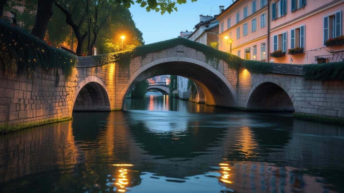 A stone bridge spans a calm canal lined with buildings and glowing lanterns during twilight.