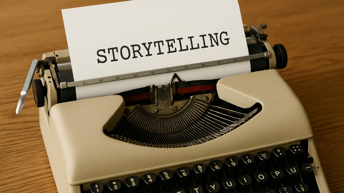 Egy bézs színű írógép egy fehér papírlapot tart, amelyen vastag nagybetűkkel a "STORYTELLING" szó áll.