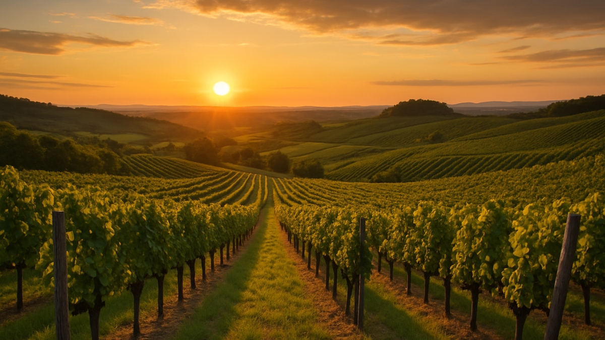 Evening sunlight casts a golden glow over vineyard rows stretching across green hills.