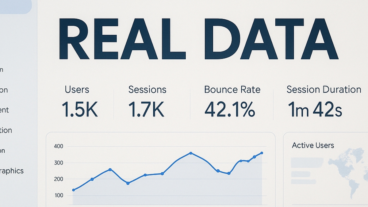 A website analytics dashboard showing user data, bounce rate, sessions, and session duration for May 1 to May 8.
