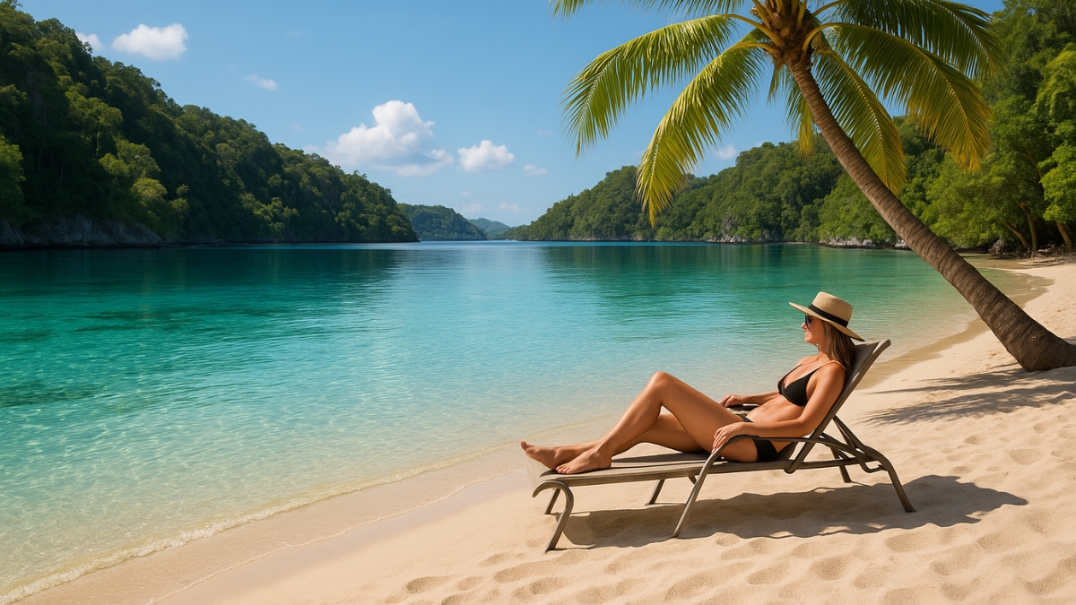 A woman in a black bikini lounges on a chair under a palm tree beside calm turquoise water.