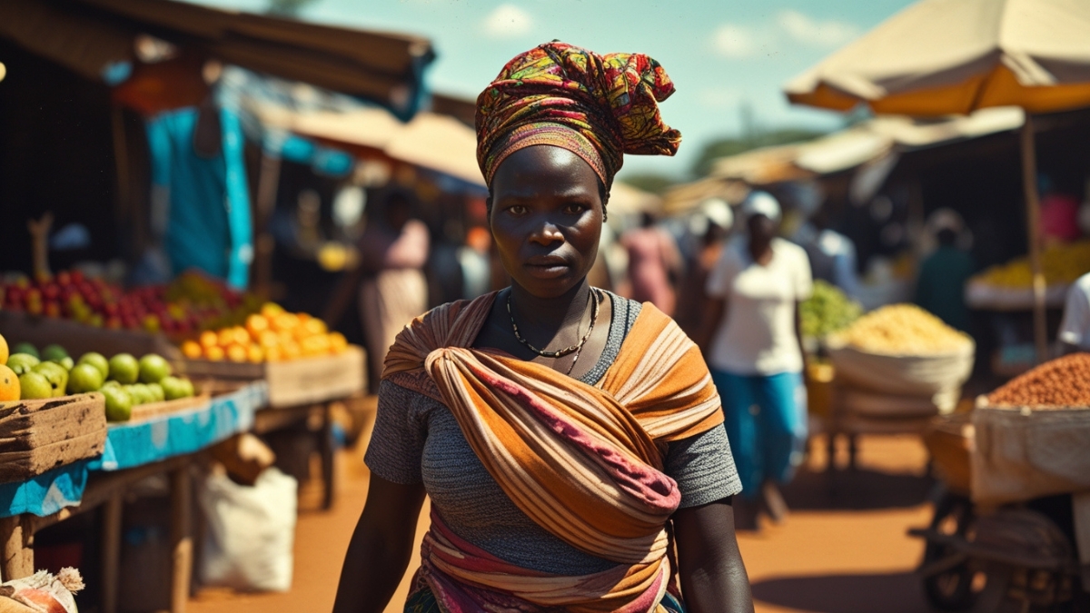 A woman in traditional clothing and a headwrap walks through an open-air market lined with colorful produce.