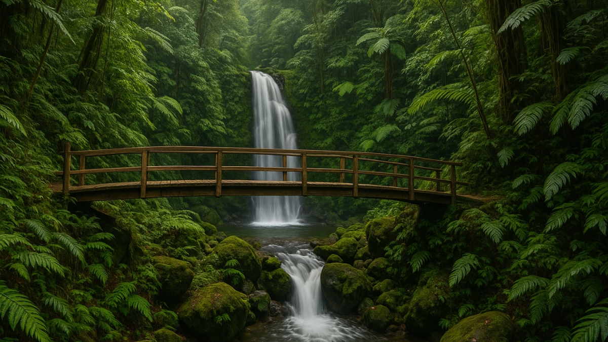 Wooden Bridge Over Lush Waterfall Stream