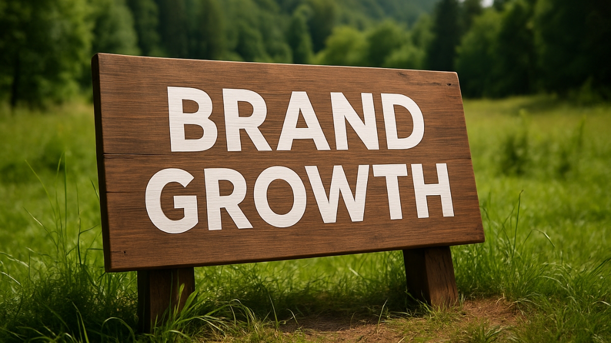 A wooden sign with the words brand growth stands in a grassy field surrounded by green trees and hills.