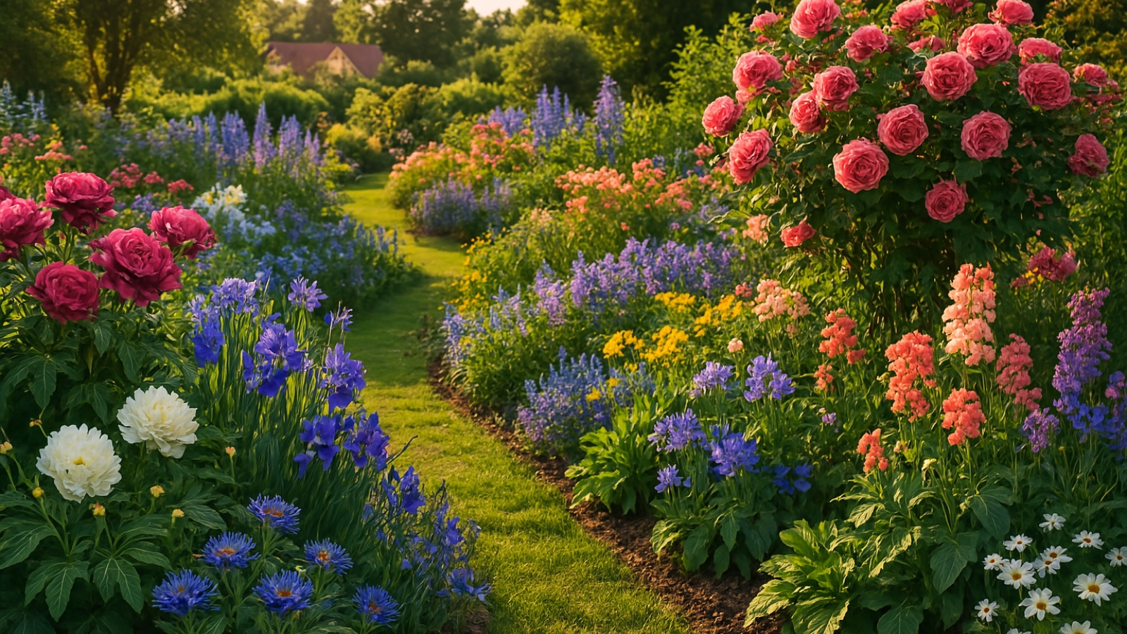 Lush garden path bordered by vibrant roses, irises, and daisies blooming in vivid colors under soft sunlight.