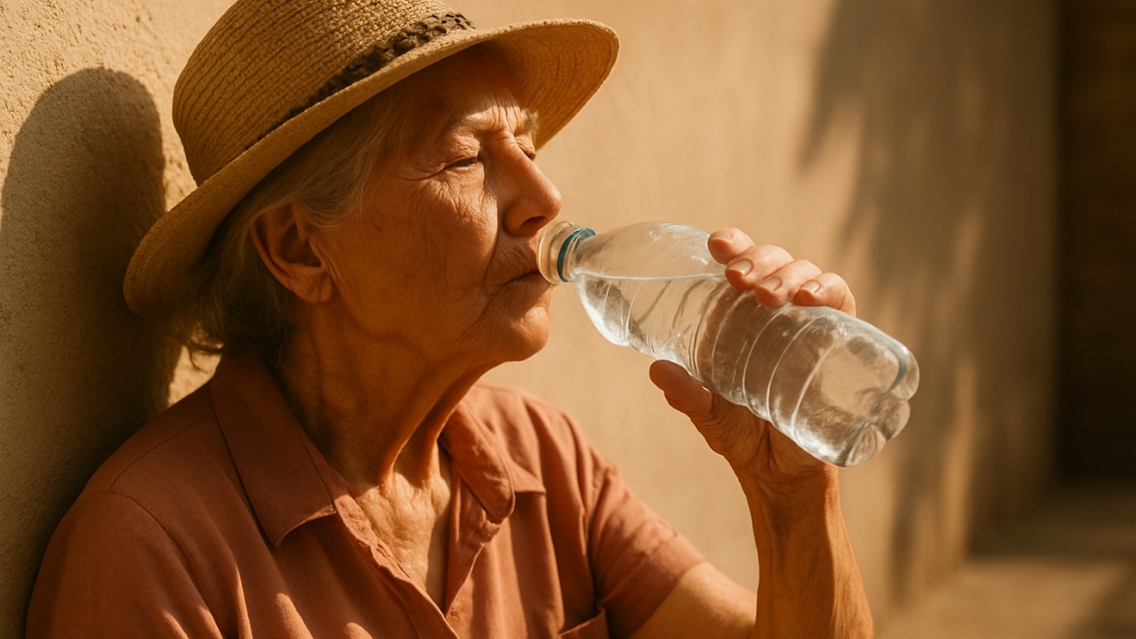 An elderly woman in a straw hat drinks water from a plastic bottle while resting against a wall on a hot sunny day.