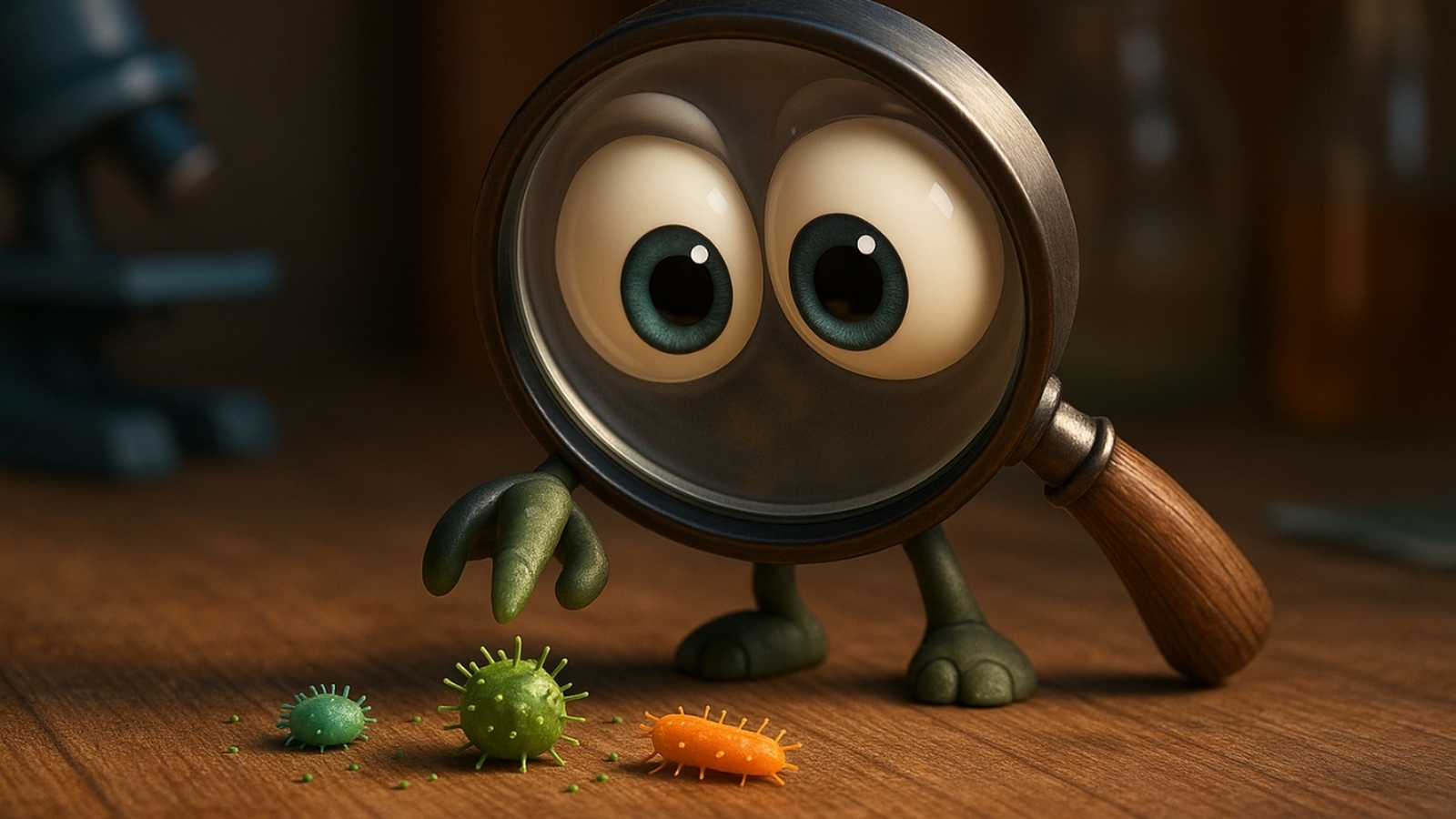 A magnifying glass with cartoon eyes examines three colorful germs on a wooden table in a lab setting.