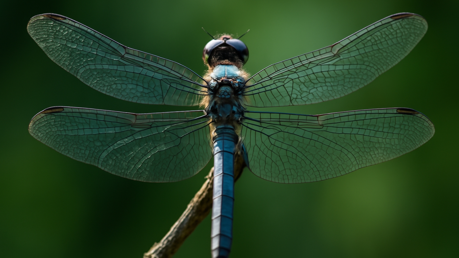 A blue dragonfly perched on a twig with outstretched transparent wings against a green background.