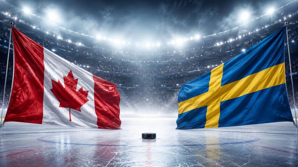 Canadian and Swedish flags above an ice hockey rink with a puck at center ice.