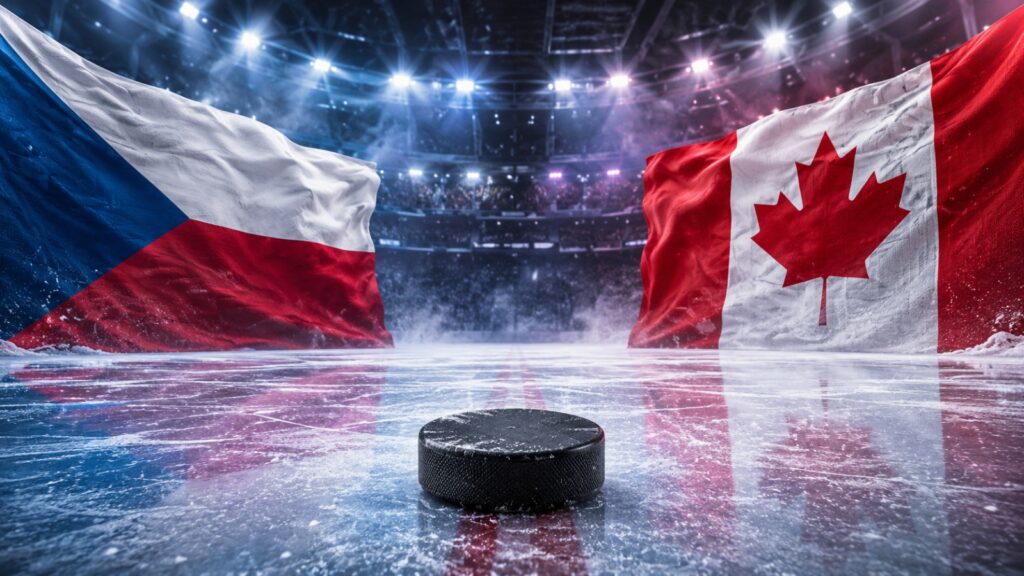 Czech and Canadian flags above an ice hockey rink with a puck in the foreground.