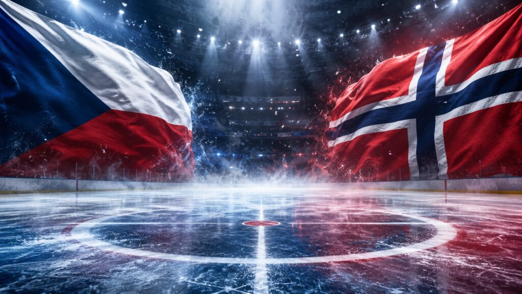 Czech Republic and Norway flags above an ice hockey rink inside a bright arena.