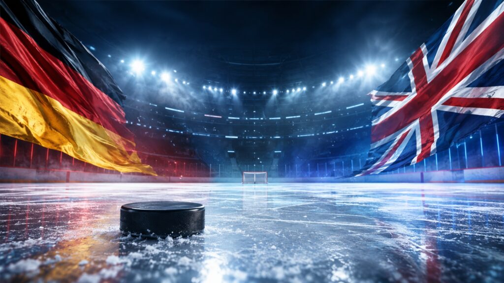 Germany and United Kingdom flags above an ice hockey rink with a puck on the ice.
