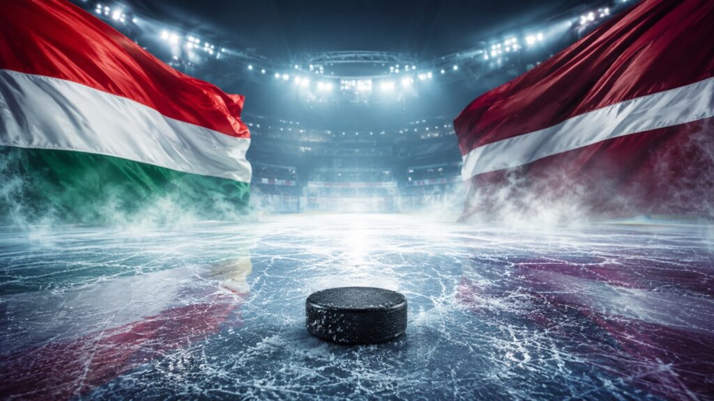 Hungary and Latvia flags above an ice hockey rink with a puck under bright arena lights.