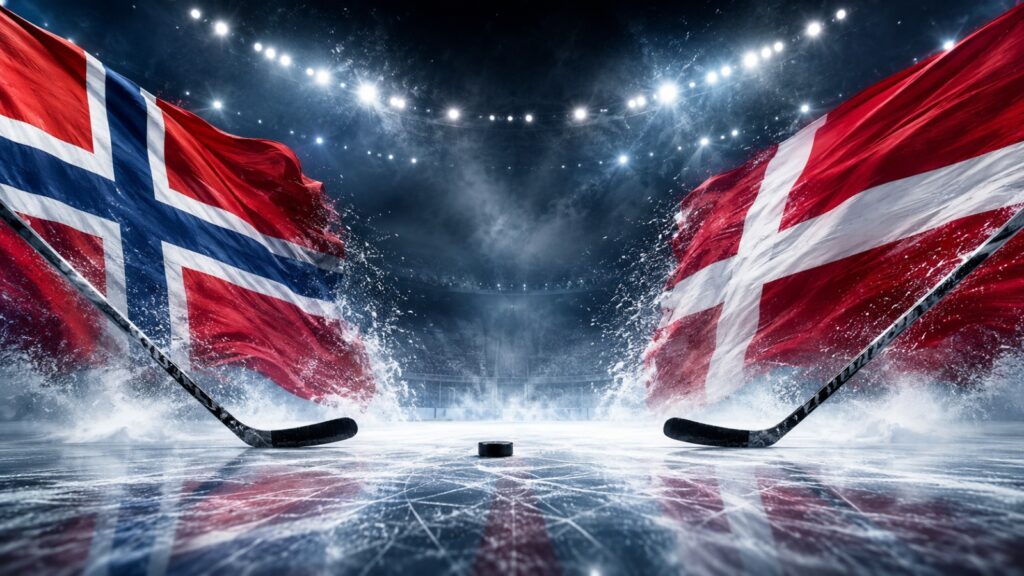 Norway and Denmark flags with hockey sticks and puck on an ice rink under arena lights.