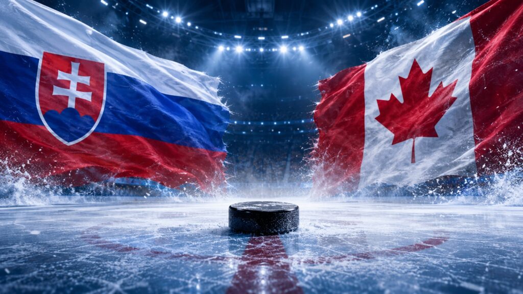 Slovakia and Canada flags above an ice hockey rink with a puck under arena lights.