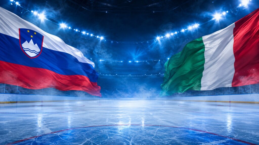 Slovenia and Italy flags above an ice hockey rink inside a brightly lit arena.