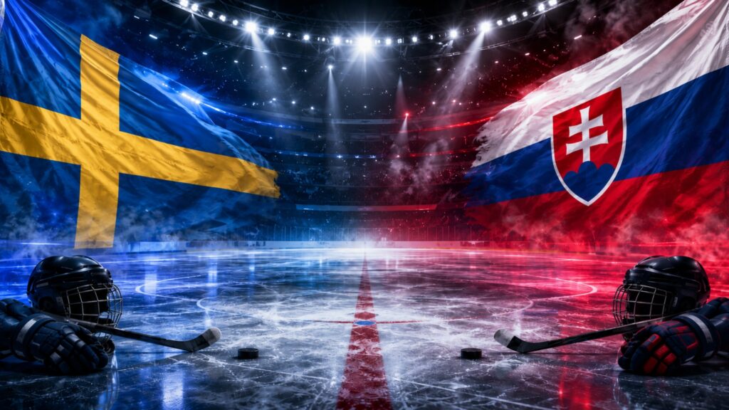 Sweden and Slovakia flags above an ice hockey rink with players gear and pucks on the ice.