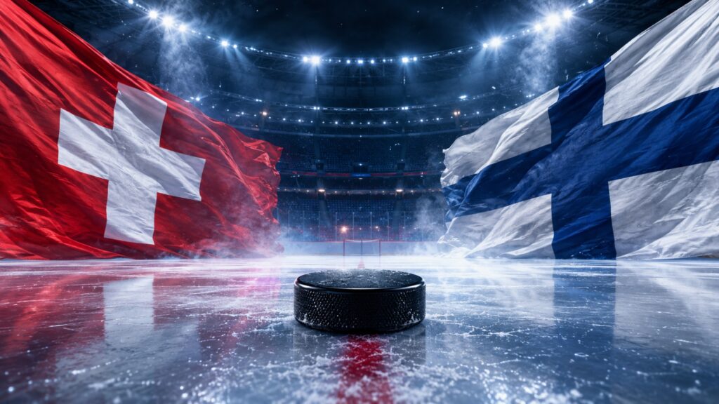 Swiss and Finnish flags above an ice hockey rink with a puck in the foreground.