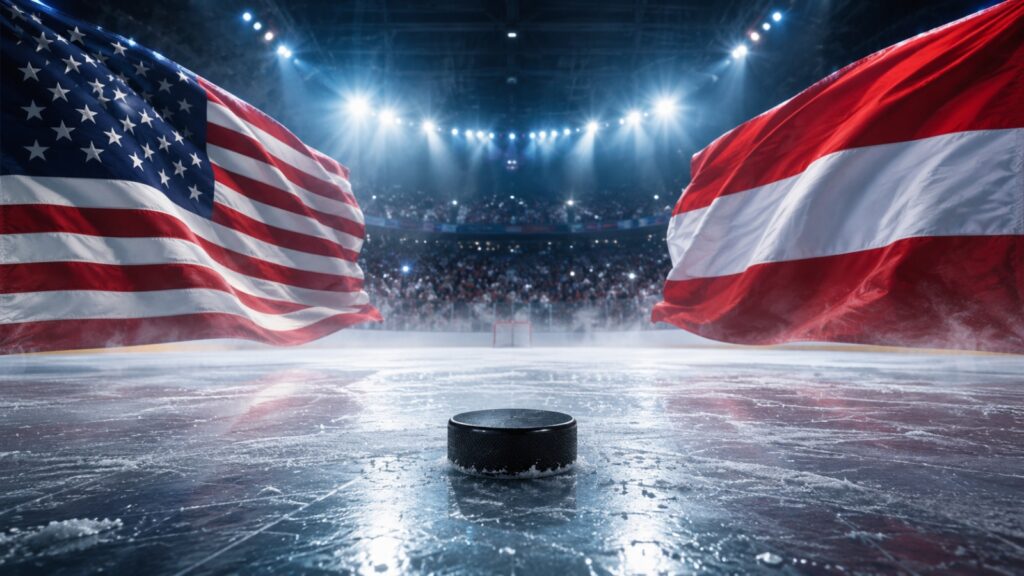 USA and Austria flags above an ice hockey rink with a puck under bright arena lights.
