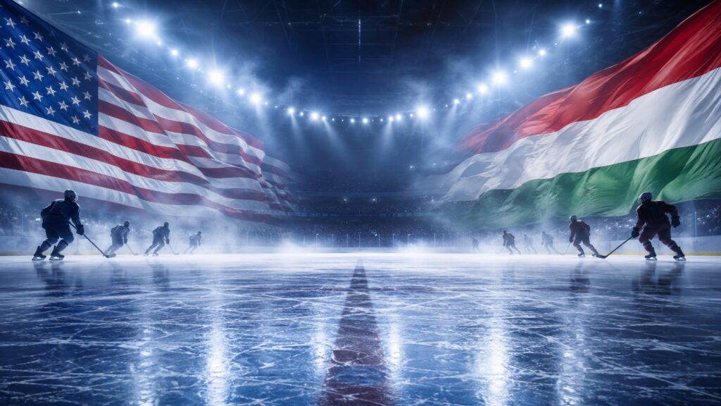 USA and Hungary flags above an ice hockey rink with players skating under arena lights.