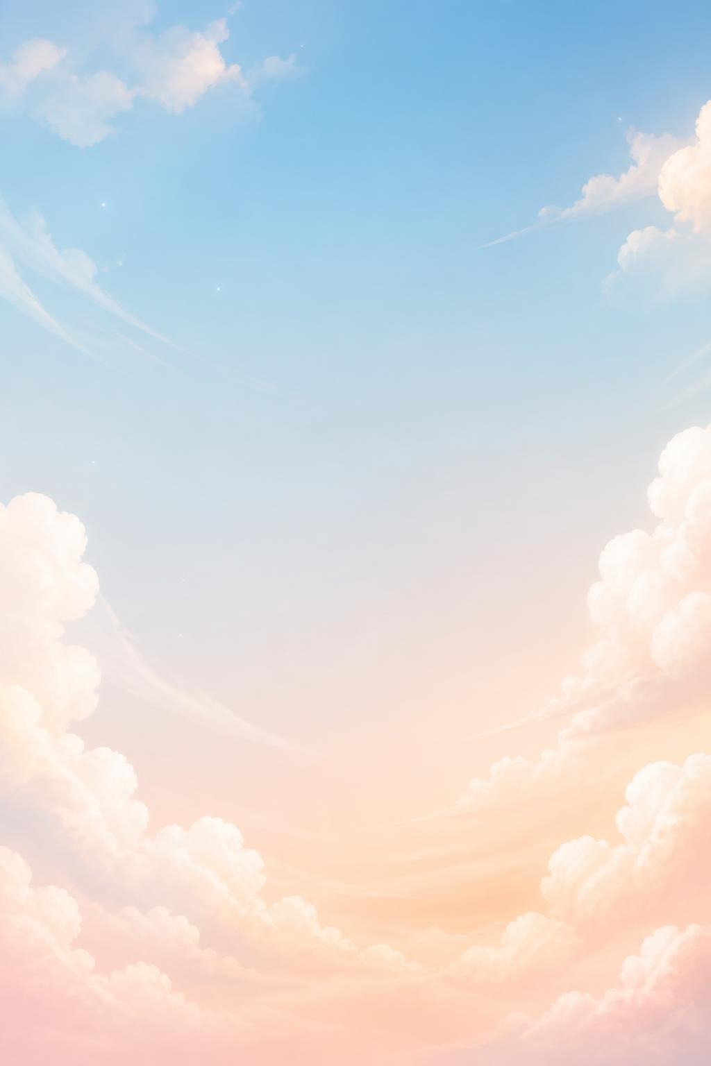 Pastel gradient sky with fluffy clouds in soft peach and blue hues