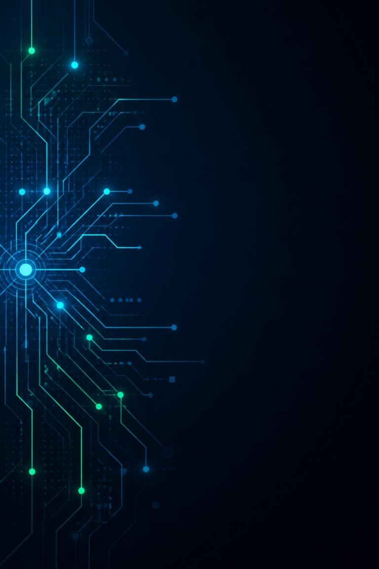 Blue glowing circuit board lines and dots on dark background
