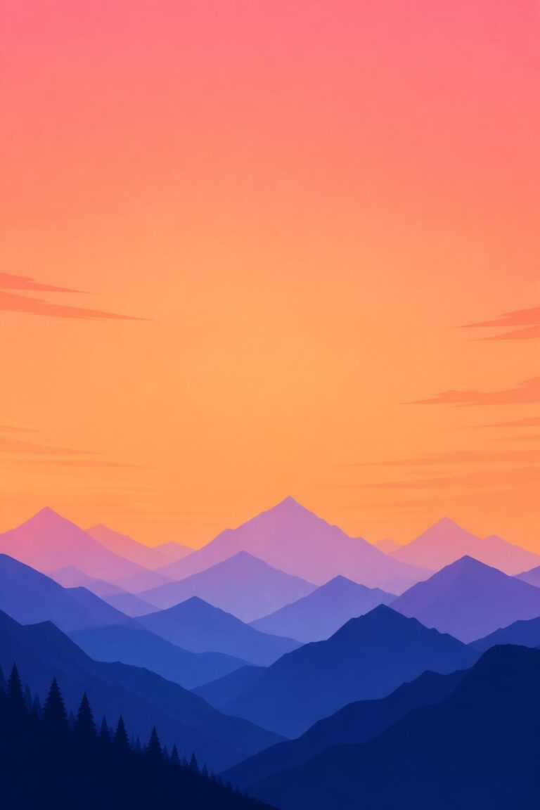 Layered mountain silhouettes with pine trees under an orange-pink sunset sky