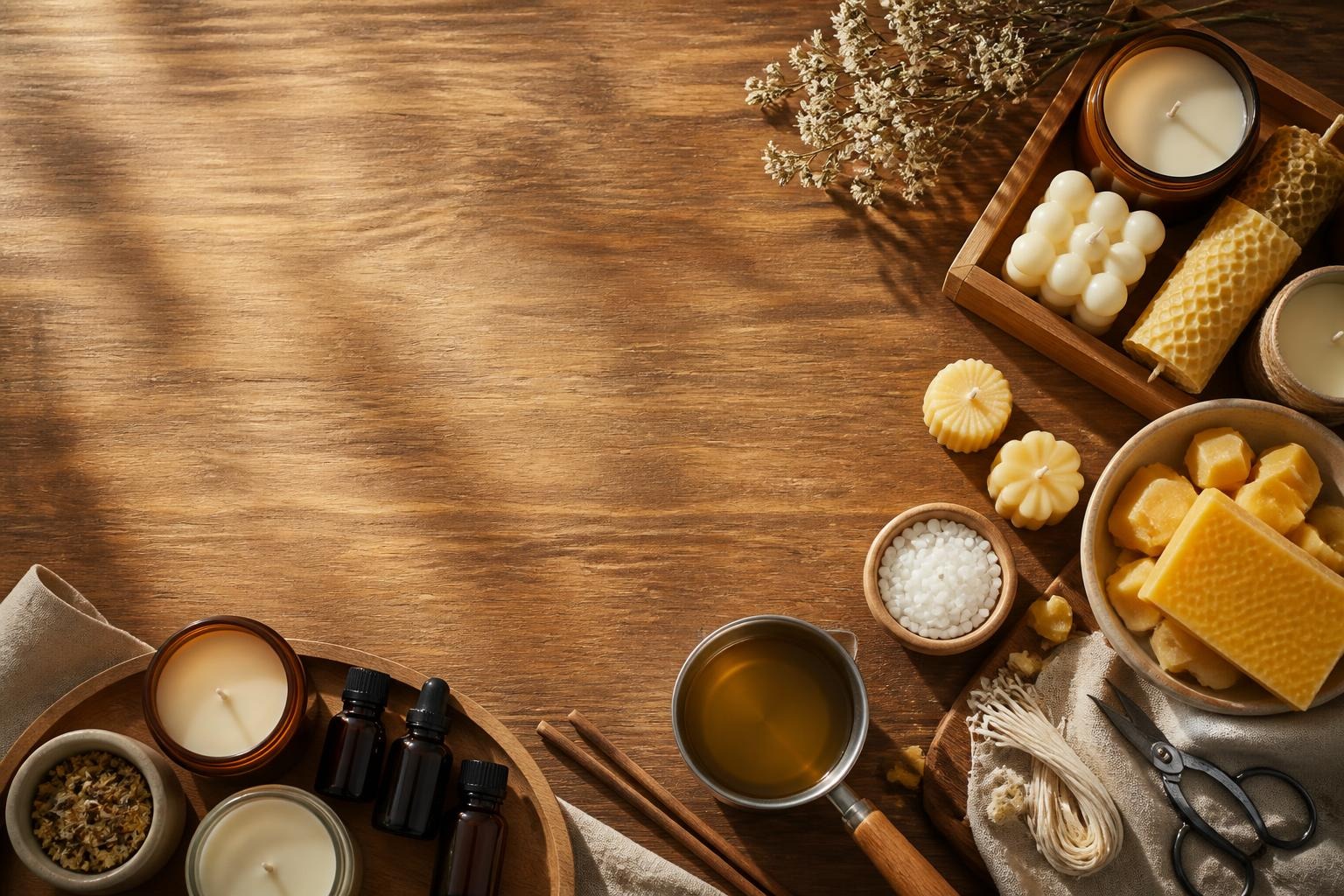 Overhead view of natural candle-making materials including beeswax candles, wax blocks, oils, dried flowers, and tools on wooden table.