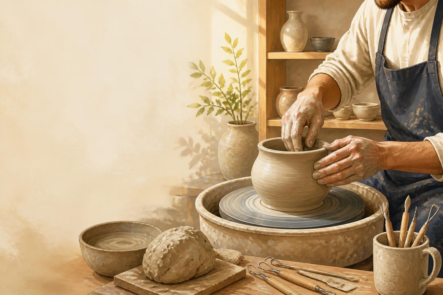Hands shaping a clay vase on a pottery wheel surrounded by tools and pottery in a warm studio