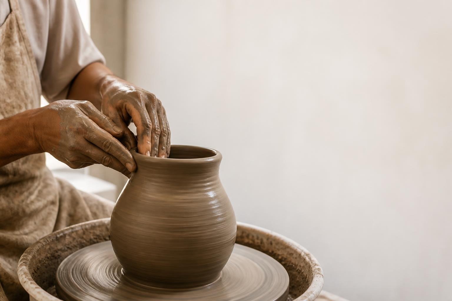 Hands shaping a clay pot on a pottery wheel