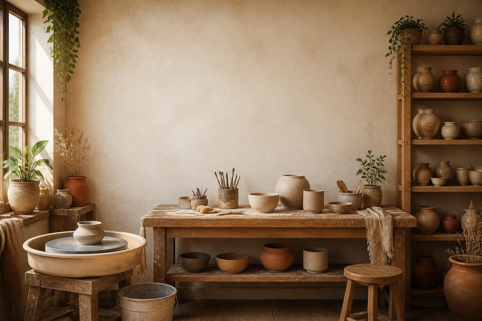 Pottery workshop with wooden table, ceramic pots, brushes, shelves, and natural light