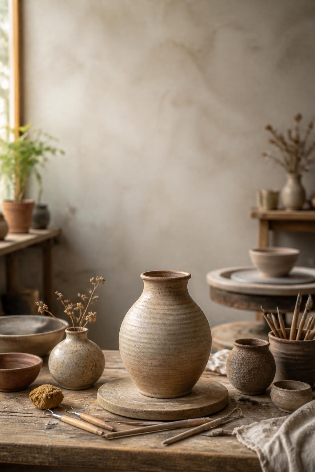 Various handmade pottery vessels and tools arranged on a rustic wooden table with natural light