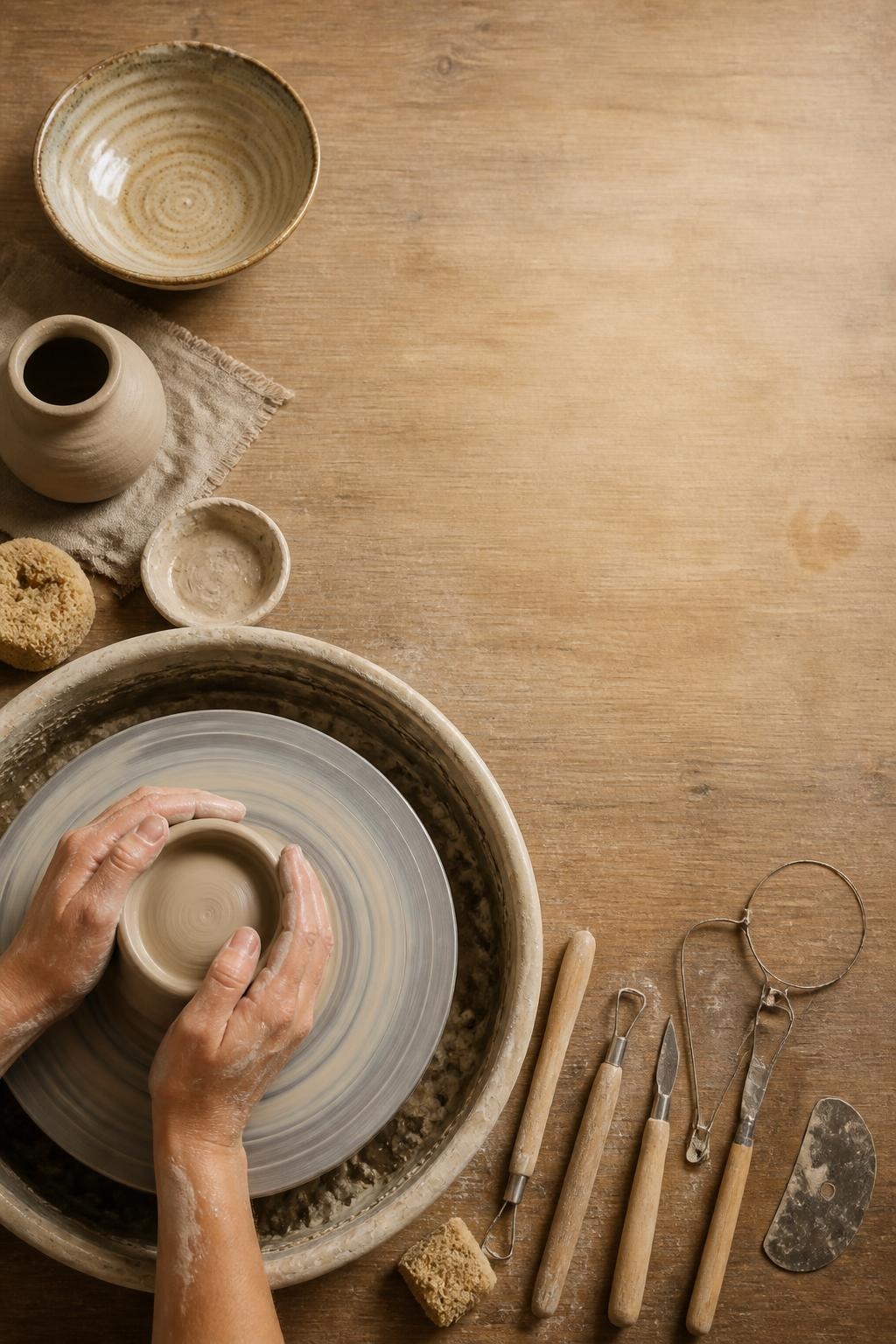 Hands shaping clay on spinning pottery wheel with ceramic tools and bowls on wooden table