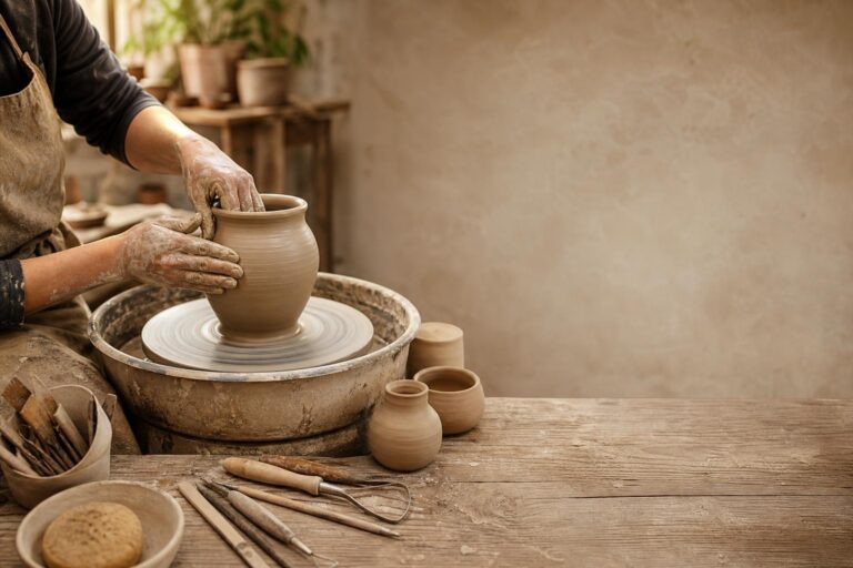Person shaping clay vase on pottery wheel in rustic studio with tools and clay pots