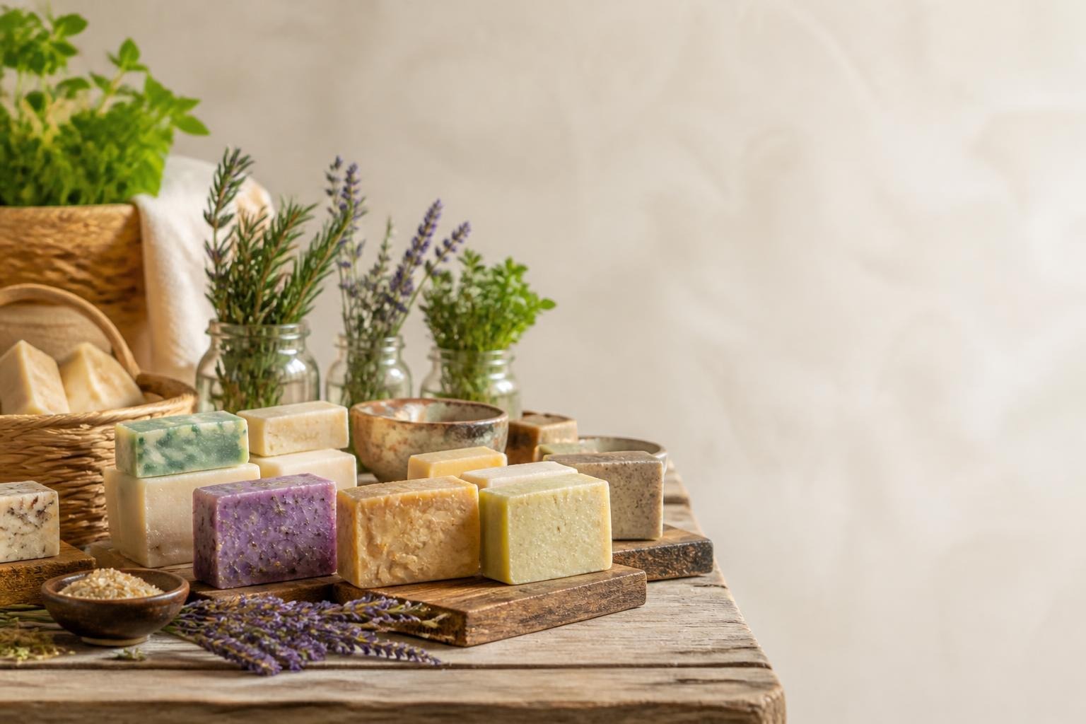 Handmade rectangular soaps in different colors next to jars of fresh herbs on a wooden table